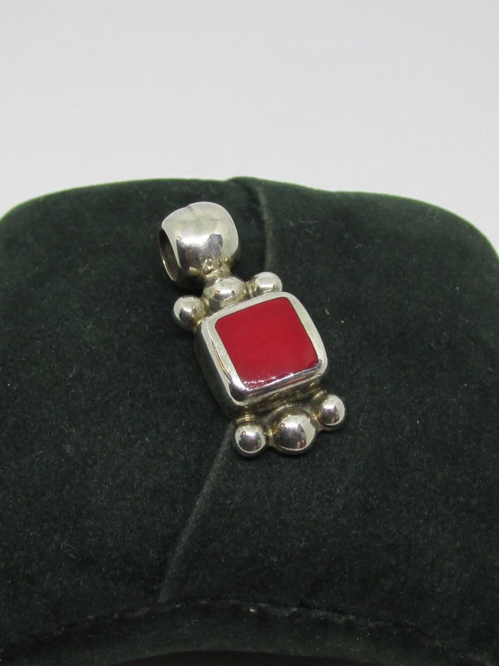 Vintage Mexico 925 Sterling Silver Red Coral Slide Pendant Mid-Century